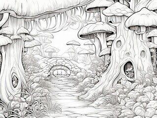 Enchanted forest pathway: mystical trees tunnel in monochrome - fantasy woodland background for coloring enthusiasts