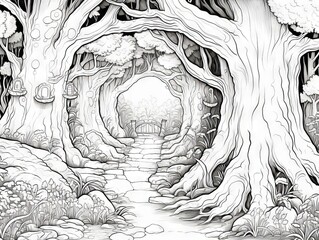 Enchanted forest pathway: mystical trees tunnel in monochrome - fantasy woodland background for coloring enthusiasts
