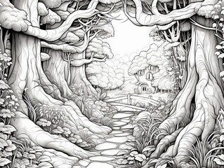 Enchanted forest pathway: mystical trees tunnel in monochrome - fantasy woodland background for coloring enthusiasts
