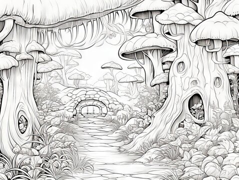 Enchanted forest pathway: mystical trees tunnel in monochrome - fantasy woodland background for coloring enthusiasts