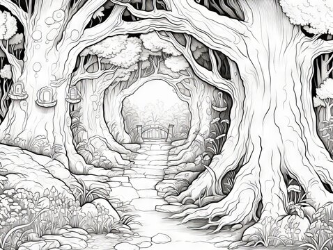 Enchanted forest pathway: mystical trees tunnel in monochrome - fantasy woodland background for coloring enthusiasts