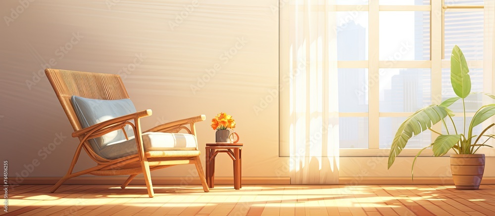Poster inside a room, there is a chair and a table positioned beneath a window with natural light streaming