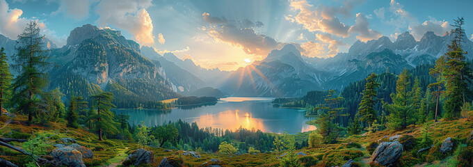 A panoramic view of the mountains and lake at sunrise, with rays piercing through clouds over an alpine meadow in front. Created with Ai - obrazy, fototapety, plakaty