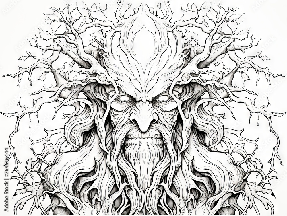 Wall mural whimsical tree character line art for coloring - serene nature scene illustration