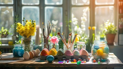 Against the backdrop of a sunlit window, a wooden table is adorned with an assortment of Easter egg painting supplies and cheerful decorations. 

 - Powered by Adobe