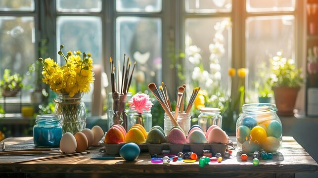 Against the backdrop of a sunlit window, a wooden table is adorned with an assortment of Easter egg painting supplies and cheerful decorations. 

