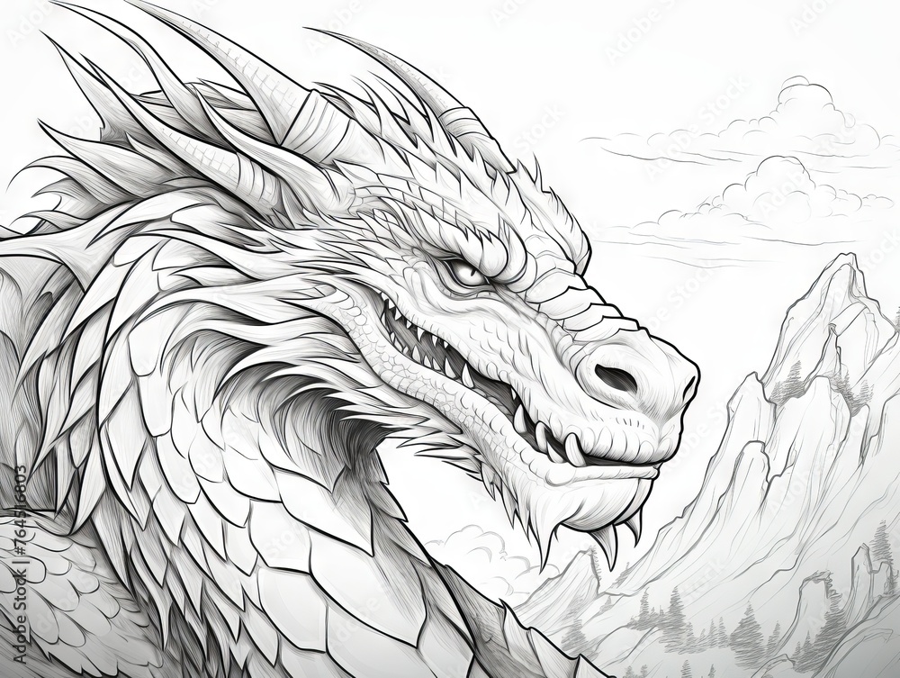 Wall mural Monochrome dragon illustration for coloring - fantasy creature line art on white background