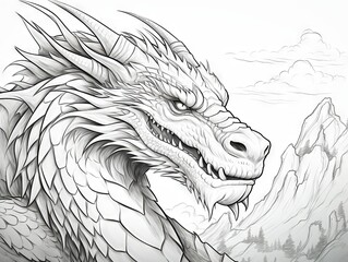 Monochrome dragon illustration for coloring - fantasy creature line art on white background