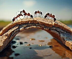 
In the forest, ants work together to build a bridge, showing the strength of teamwork in their tiny society.
