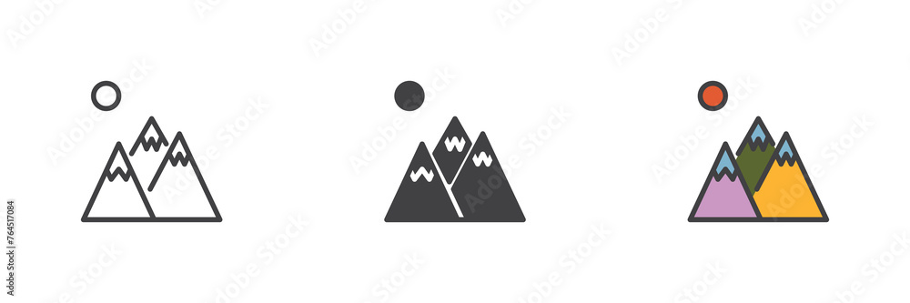 Poster snowy mountains and moon different style icon set