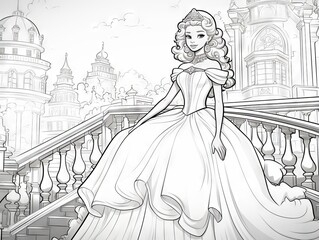 Enchanting princess awaiting color - a majestic coloring book page illustration