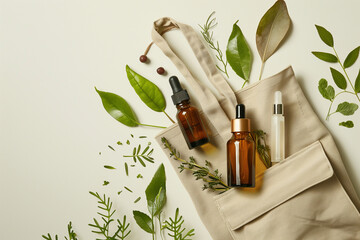 Dropper bottles with essential oils on canvas bags among fresh green leaves on a white background. Flat lay composition with copy space. Natural beauty and botanical skincare concept
