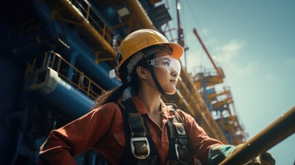 A skilled female worker carries out restoration tasks on a hydrocarbon platform in the sea on a sunny day,copy space