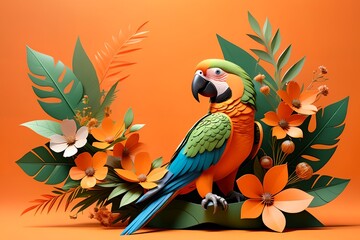 a beautiful colored parrot sits on a branch with flowers, 3D.