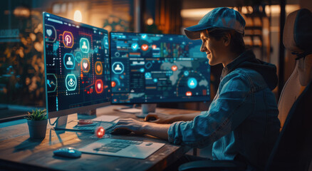 A young woman in casual and a baseball cap is sitting at his desk, working on the computer with floating digital icons of social media platforms like Instagram or TikTok - Powered by Adobe