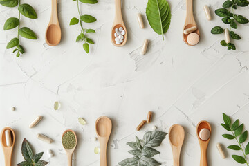 Flat lay of dietary supplements in wooden spoons, interspersed with green leaves on a textured white background, natural health and wellness. Copy space
