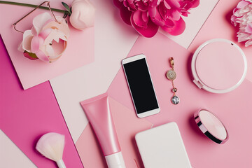 Flat lay of a smartphone, beauty products, makeup brush, jewelry, and artificial flowers on a dual tone pink background.