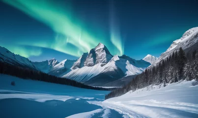 Foto auf Alu-Dibond Blue winter landscape Mountains snow aurora borealis © rodrigo