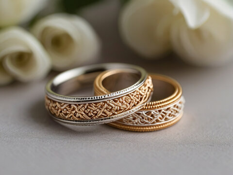 Wedding rings made of metal and yarn. Fantasy and skill of a jeweler.