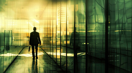 Fototapeta na wymiar A Golden Path: An Executive's Walk Towards Tomorrow - Reflections of Success