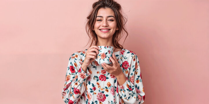 Photo Ai of good mood  lady enjoying tea, coffee isolated pastel color background.