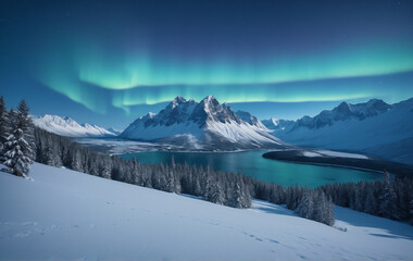 Blue winter landscape Mountains snow aurora borealis