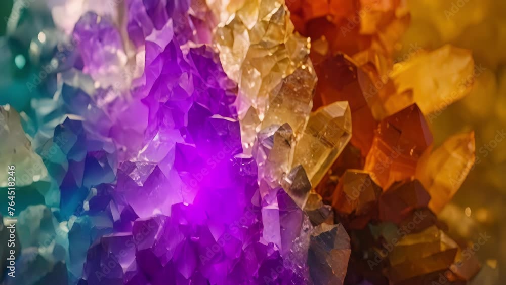 Poster an array of colorful crystals arranged in a neat formation each one representing a different aspect 