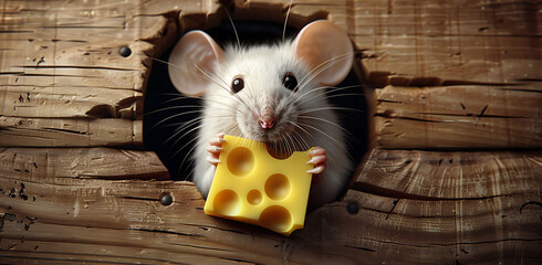 Cute white mouse holding cheese inside a hole on wooden wall, background, mug wrap - obrazy, fototapety, plakaty