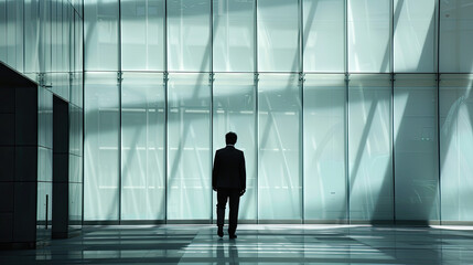 Fototapeta na wymiar Solitude of Success: Man in Silhouette Against the Sheen of Urban Life