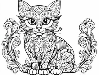 Charming feline illustration: engaging coloring activity page featuring a playful kitty for children and grown-ups