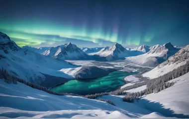 Foto auf Alu-Dibond Blue winter landscape Mountains snow aurora borealis © rodrigo