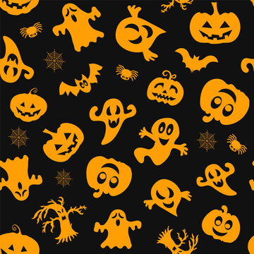 Halloween vector set. Pumpkin, bat, ghost. Simple seamless pattern