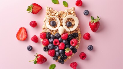 oatmeal in the shape of an owl - healthy childrens breakfast - pink background with copyspace