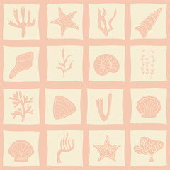 pattern, seamless, squares, coral, pink, seaweed, sea, summer, plant, ocean, marine, underwater, aquarium, outline, pastel, element, cute, water, vector, isolated, nature, illustration, cartoon, seash