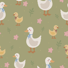 Geese seamless pattern, hand drawn cute kids background, vintage retro pallete