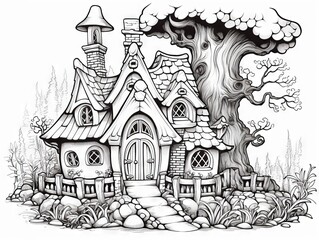 Enchanting hand-drawn fairytale cottage: intricate zen-tangle design for adult coloring book - vector illustration