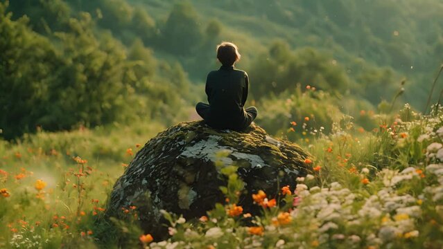 A person sits atop a mosscovered boulder in the middle of a lush green meadow surrounded by a sea of wildflowers. With no distractions or sounds of civilization they close