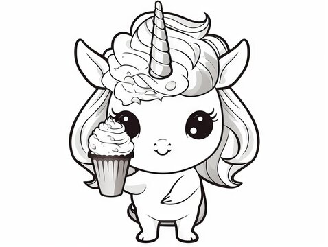 Charming kawaii unicorn with ice cream: a whimsical black and white illustration perfect for coloring books, posters, greeting cards, and stickers - vector design