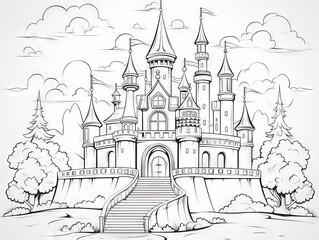 Naklejka premium Children’s coloring book page featuring a cartoon princess and castle with detailed line art for creative play
