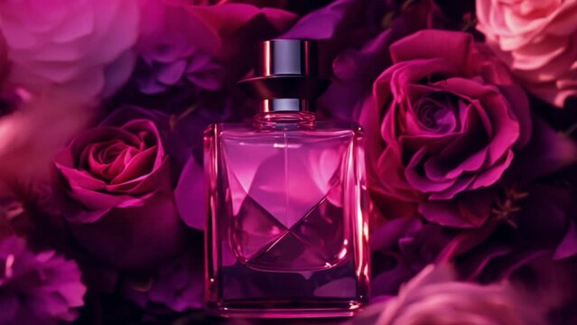 Perfume bottle in flowers, fragrance on blooming background, floral scent and cosmetic product idea