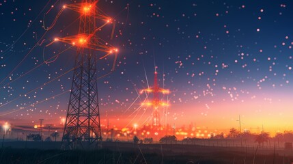 Electricity transmission towers with orange glowing wires the starry night sky. Energy infrastructure concept, energy, electricity, voltage, supply, pylon, technology