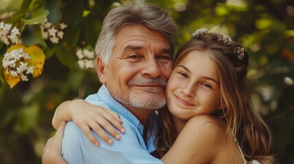Fototapeta premium father day, cute teen girl hugging mature middle age dad. Love, kiss, care, happy smile enjoy family time. celebrate special occasion, happy birthday, merry Christmas. special day