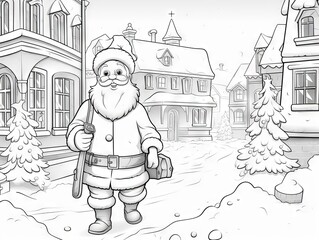 Santa Claus carrying gifts on snowy town street, festive night scene, black and white cartoon vector for coloring book