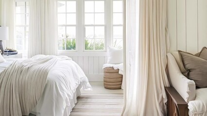 White coastal cottage bedroom decor, interior design and home decor, bed with elegant bedding and bespoke furniture, English country house and holiday rental
