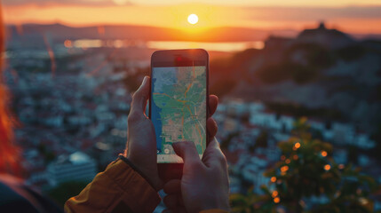 traveler use smartphone to check map to travel with internet and gps application, Travel, mobile phone, technology, smartphone, holding, lifestyle, communication, connection, outdoors - obrazy, fototapety, plakaty