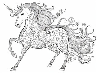 Fantasy unicorn: hand-drawn, zen-tangle style horse sketch for relaxation and coloring enthusiasts, vector illustration