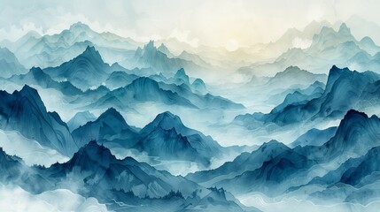 In the morning light, abstract watercolor painting of mountain ranges