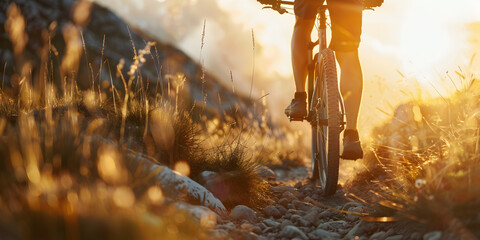    A downhill bike on the rocky street with forest background. Bright afternoon sunshine. Ground level viewpoint, Extreme mountain biking downhill on a hardtail bike  and sun set in the background   
