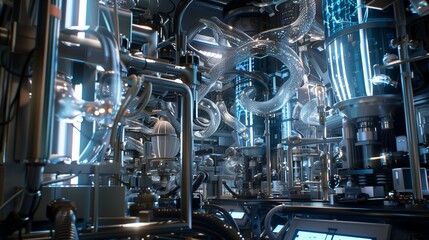 In a state-of-the-art research facility, a series of interconnected machines hum with activity, their sleek surfaces reflecting the ambient light.

