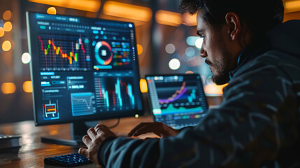 An attentive financial trader studies complex data across several monitors, engaged in the high-stakes world of stock market trading. - obrazy, fototapety, plakaty